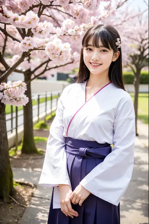 girl under cherry blossoms in front of old-Japanese school yard,white floral long-sleeved hakama top,purple kimono obi,purple long hakama bottom,18-year-old,bangs,a little smile,thighs,knees,barrette with flower brooch,from below,front light