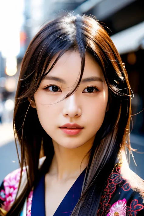 Beautiful Japanese supermodel woman, A lock of hair with slight highlights, black eyes, Sexy，street background，Gorgeous kimono , Liquid color flows across her face, Shooting against the light，Perfect facial lighting，mixed media