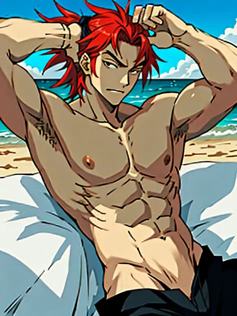 Anime man,muscular,beach background,handsome,high quality,mature,laying in a bed,frontal view,detailed body,smirk,hands behind head