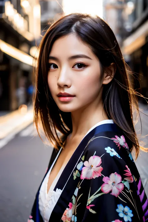 Beautiful Japanese supermodel woman, A lock of hair with slight highlights, black eyes, Sexy，street background，Gorgeous kimono , Liquid color flows across her face, Shooting against the light，Perfect facial lighting，mixed media