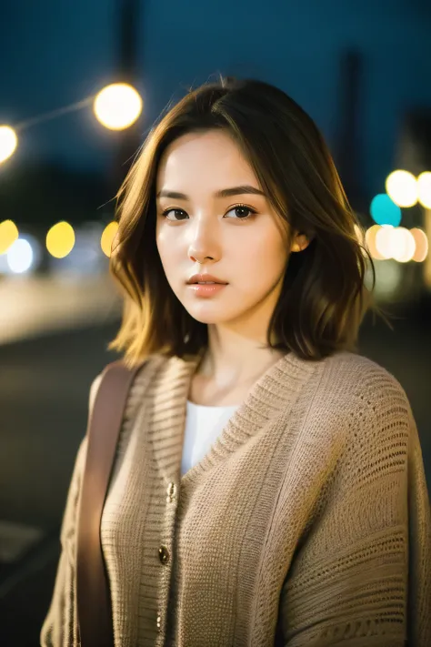 masterpiece, best quality, 8 thousand, 1 girl, city street at night, 18, medium chest, slightly open mouth, cute, alone, sad, Clothes that are suitable for fall, cute, feminine, delicate girl, neat and clean beauty, RAW photos, professional photography, po...