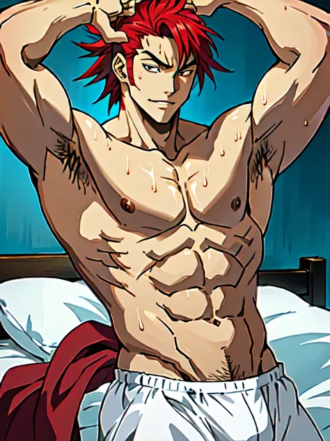 Anime man,muscular,bedroom background,handsome,high quality,mature,laying in a bed,frontal view,detailed body,smirk,hands on head,tiny speedo,big bulge,frontal view,sweat on body,handsome