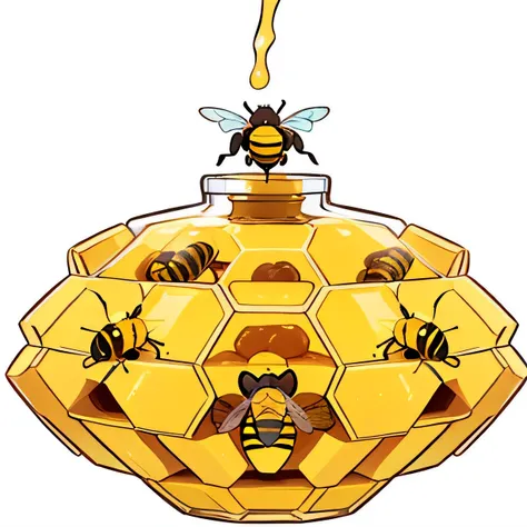 a cartoon beehoneycomb with two bees inside of it, Honey and bee honeycomb, Honey, honeycomb, made of Honey, dripping Honey, beehoneycomb interior backgrounds, fantasy beekeeper, Honey dripping, favela Honeybee honeycomb, jar of Honey, maya bee, alien hone...