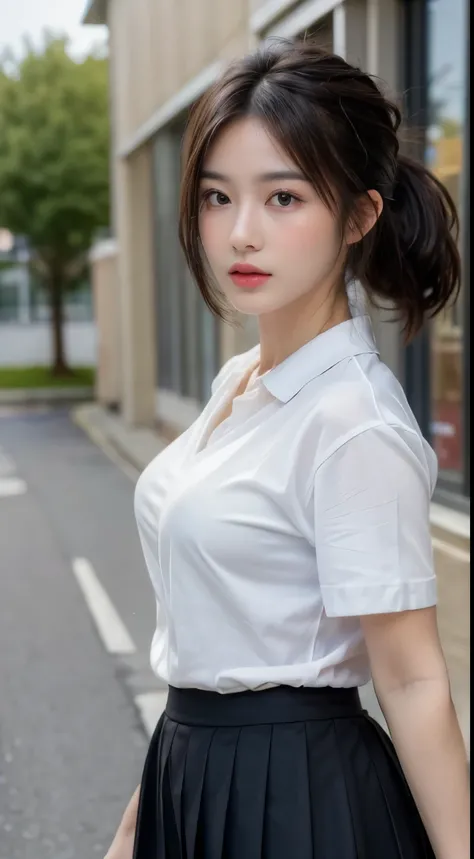 ((highest quality, 8K, masterpiece :1.3)), 1 girl, Pretty woman with emphasizing:1.3, (black hair, ponytail, beautiful breasts :1.2), female student, super detailed face, fine eyes, double eyelid,whole body,School zone,stylish uniform,cute face,mini skirt,...