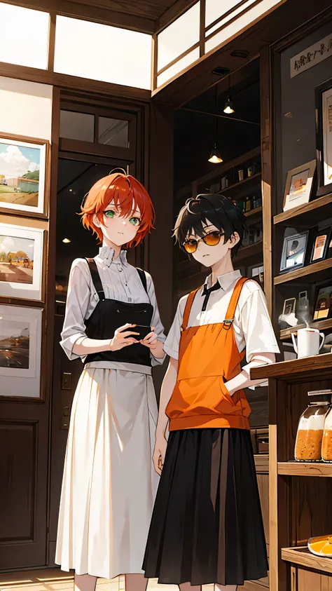 in coffee shop，One with short black hair，The boy with green eyes is holding a small letter，he sneered。Standing next to her was a woman in a long skirt，Short orange-red hair，Beautiful older sister wearing sunglasses