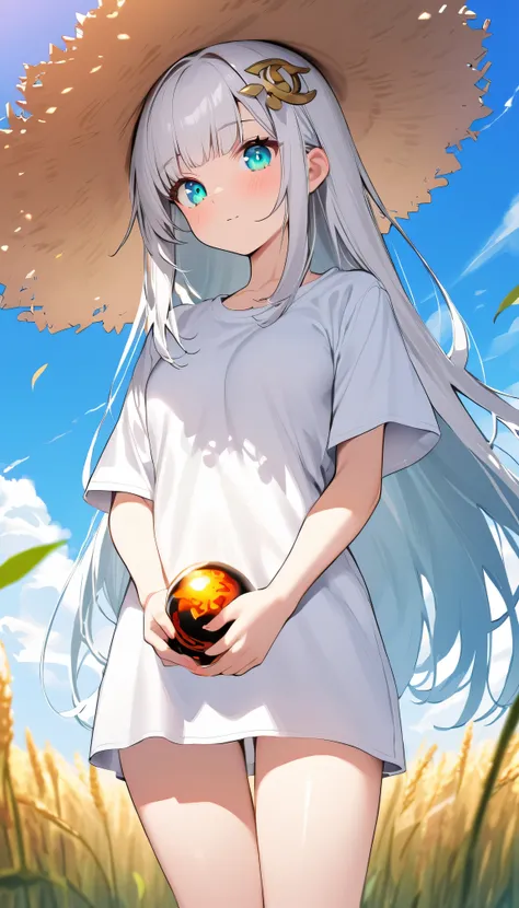 Masterpiece, saturate, full HD, best quality, 1girl, ( young girl, cute girl), slim body.medium breast, white  light hair.detailed beautiful eyes. Glowing eye. Bright aqua eyes, long hair, bangs. White T - shirt oversized,  bandage at her face. Green leaf ...