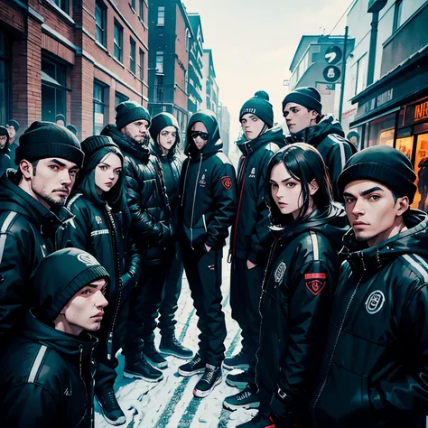 Roadman UK, wearing a ski mask, wearing a drip jacket, realistic, Wearing black gloves, Surrounded by people passing by, Badass poses,6 people,Everyone poses for the camera, Shadow,close up of 6 people,high quality,high resolution,close contact