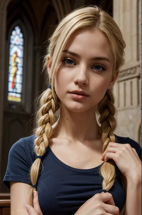 masterpiece, best quality, extremely detailed, hyperrealistic, photorealistic, a beautiful 20s french model, church, navy t-shirt:1.2, own hands together:1.2, ultra detailed face, twintails, blonde hair, pale skin, busty breasts, scared

