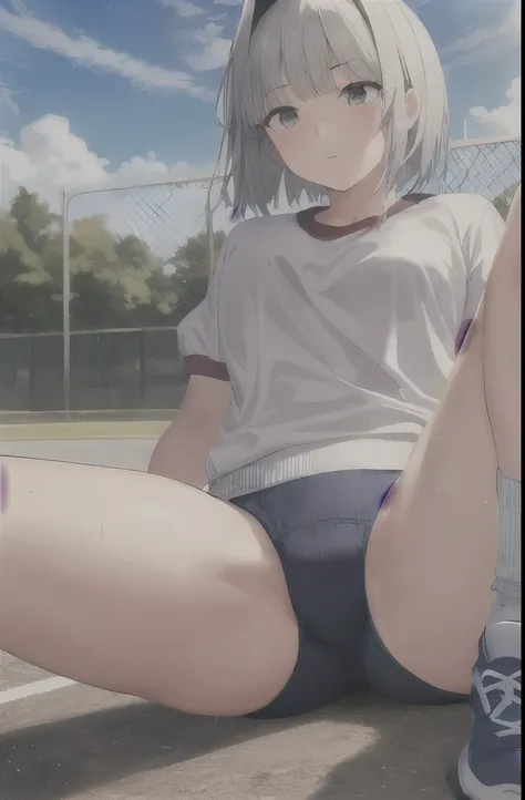 1 girl,alone,Youmu,white shirt,white socks, Gym suit,Dark blue bloomers, sports shoes, sitting, spread legs,schoolyard,outdoor, blue sky,Sweat, front elevation
break
(masterpiece, highest quality,Super detailed,)