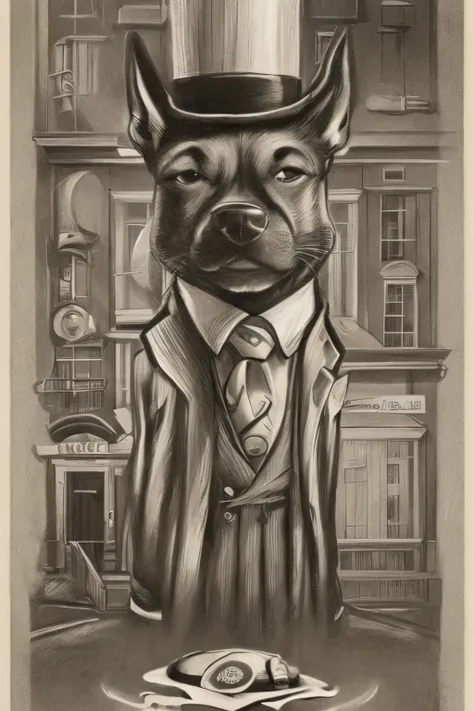 there is a dog wearing a suit and hat standing in front of a building, epic and classy portrait, dramatic cinematic detailed fur, a portrait of the character, masterpiece anthro portrait, professional concept art, elegant dog, blacksad, expert high detail ...