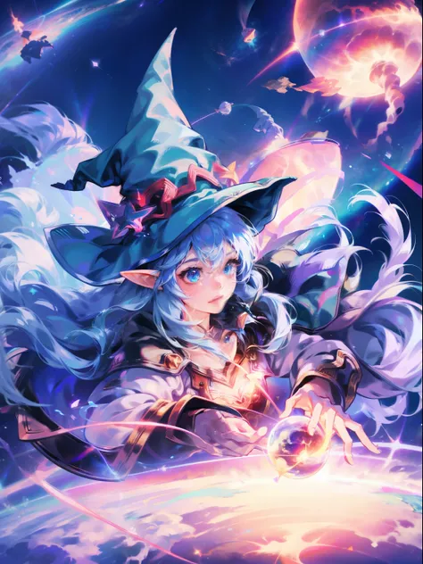 best quality, highres, 1girl, elf, witch hat, floating in space, energy sphere, light particles, shiny hair, shining stars, fantasy,