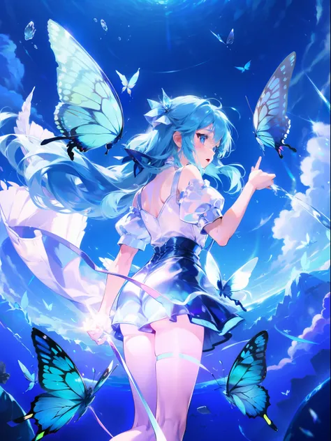 1 girl，clear water，blue butterfly，Pure white gauze skirt，sparkling
