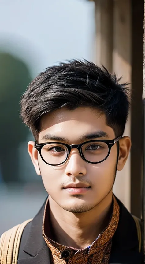  Photorealsitic, A Bangladeshi handsome, a 21-year-old man wearing spectacle, Chuby face,no beard in face,detailed face details, spikey haircut, black panjabi,