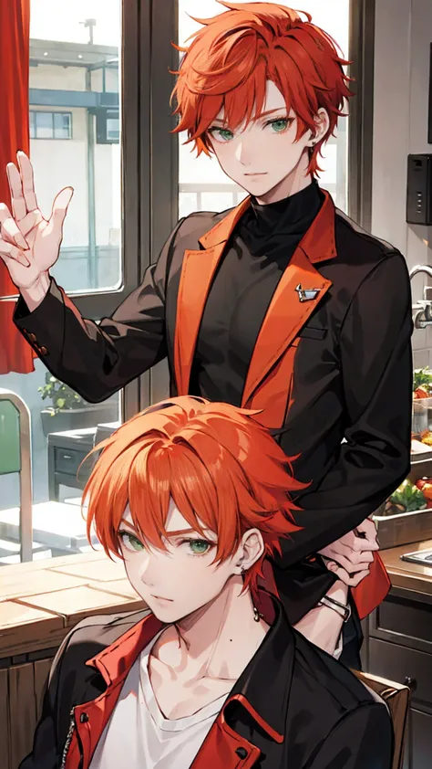 Short orange-red hair，Handsome guy with green eyes，With silver earrings