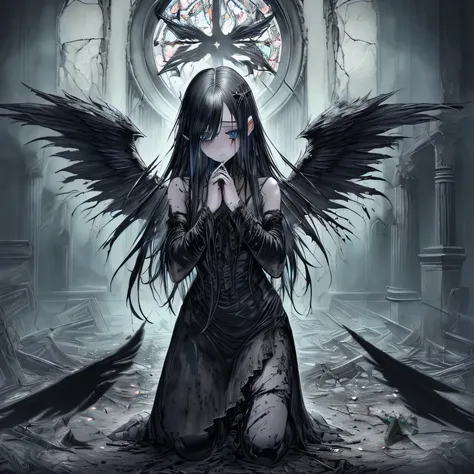 (highres,masterpiece:1.2),dark,fallen angel,wings,black feathers,lonely,sad eyes, tear drop,ethereal beauty,long flowing hair,forgotten,decaying ruins,moonlit sky,dark magic,gloomy atmosphere, sad expression,lost paradise,fractured wings,eternal sadness,be...