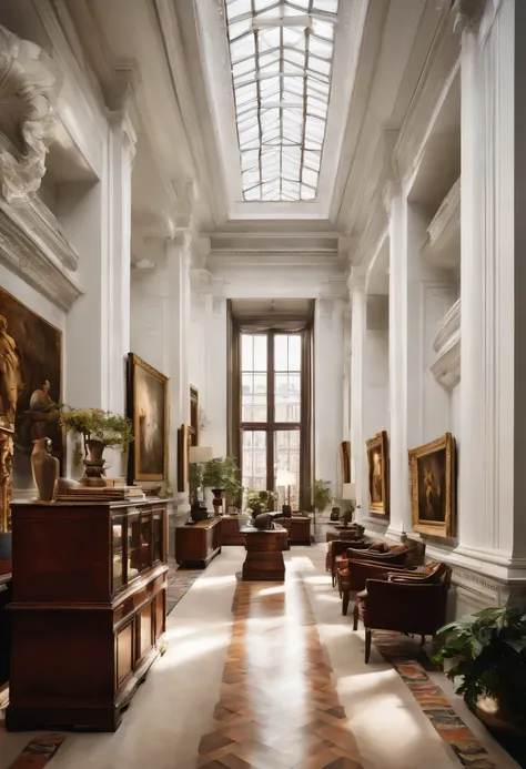 an office interior, white theme, like inside a museum 