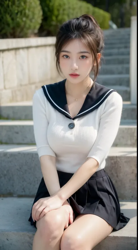 ((highest quality, 8K, masterpiece :1.3)), 1 girl, Pretty woman with emphasizing:1.3, (black hair, ponytail, beautiful breasts :1.2), Sailor suit with super miniskirt, super detailed face, fine eyes, double eyelid,whole body,cute face,(Sitting on stone ste...