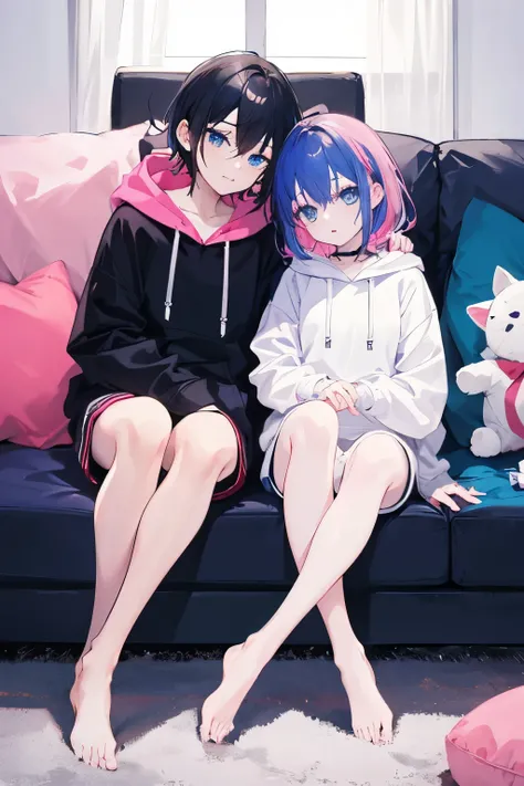 couple、men and women、back hug、black makeup、white hoodie、pink hair、black hair family、sofa、living、（perfect hands）thin legs、3✕3の目、blue eyes、
perfect face、high resolution、highest quality