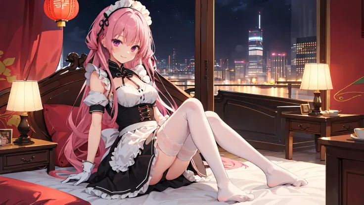 Chinese architecture,night chinese background， solo，a girl，170cm height，25CM bust，pink hair，maid outfit，black underwear，night，gentle，Smile， ((white stockings))，indoors，on the bed，black gloves，no shoes，mitsukasa ayase