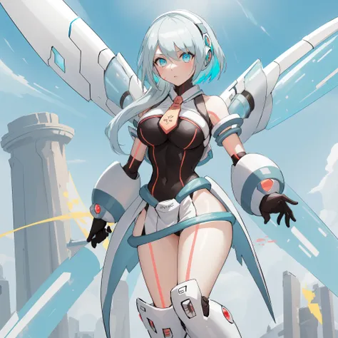 ico_megamanxdive, 1girl, blue eyes, solo, white hair, android, large breasts, black gloves, short hair, thighhighs, necktie, high quality, masterpiece, standing on a hill with mountains around him, in the style of anime art, imposing monumentality, translu...