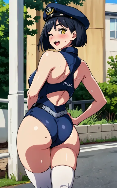 realistic, masterpiece, highest quality, perfect anatomy, (fine eyes), female police officer, huge breasts, Sweat, outdoor, ((navy blue sci-fi leotard、navy blue protector、white knee socks、black boots)), yellow eyes、bob cut、police hat、black hair ,  ((blush)...