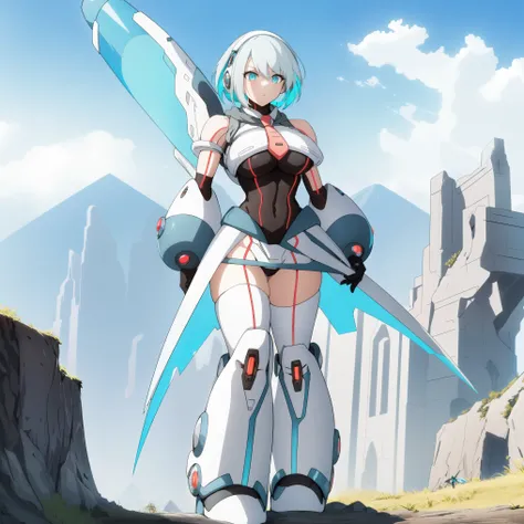 ico_megamanxdive, 1girl, blue eyes, solo, white hair, android, large breasts, black gloves, short hair, thighhighs, necktie, high quality, masterpiece, standing on a hill with mountains around him, in the style of anime art, imposing monumentality, translu...