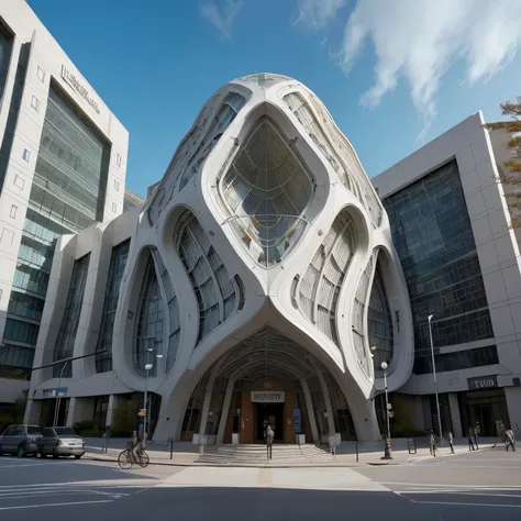 Image of a unique iconic library building with reference to pop up books