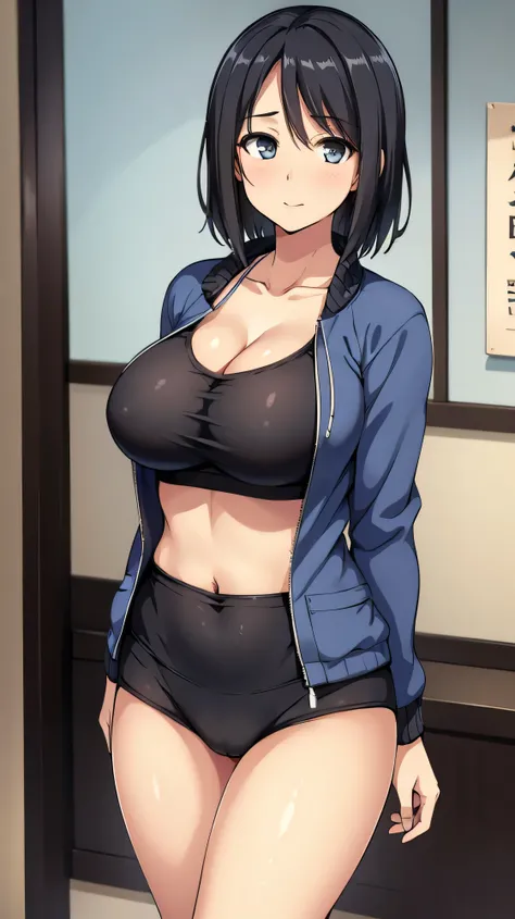 (((masterpiece))),fuyumi itadori, Anime girl characters, 1girl, solo, looking at viewer, medium hair,black hair,Yellowstone eyes, long sleeves, cleavage, bigger breasts, closed mouth, collarbone, jacket, open clothes, open jacket, blue jacket, ground vehic...