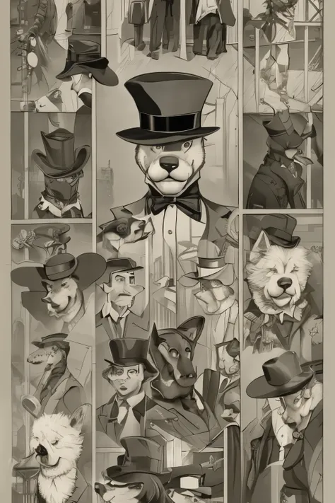 there is a dog wearing a suit and hat standing in front of a building, epic and classy portrait, dramatic cinematic detailed fur, a portrait of the character, masterpiece anthro portrait, professional concept art, elegant dog, blacksad, expert high detail ...