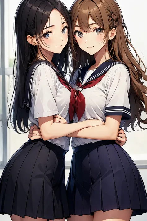 two high school girls hugging each other、seductive smile、classroom