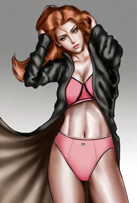 ((masterpiece, best quality)), ((29 year old)), (((Curvy))), ((Rangiku from Bleach)), ((Caucasian woman with long brunette hair)), adjusting hair, ((pink high cut cotton panties)), pink bra, black kimono, Blue eyes, (((realistic art style)))