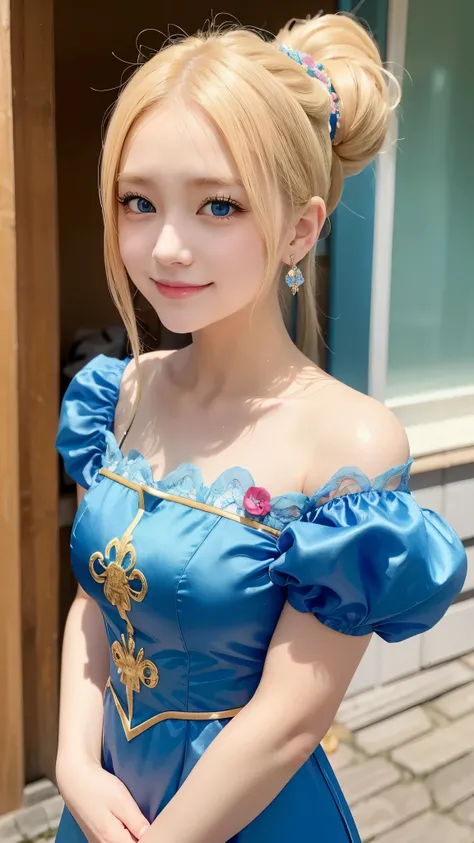 she is cosplaying as a princess、blonde short、smile、blue eyes、Colorful and flashy Chinese dress、ponytail