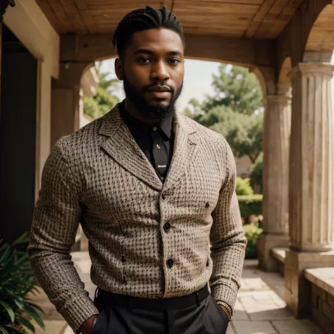 A 25 year old black man  with beard and attractive wearing old money fashion cĺothes