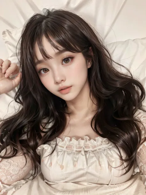 a close-up of a woman lying in bed with a white sheet, ulzzang, lalisa manobal, muchacha coreana, long hair con flequillo, hermo...