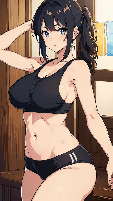 ((highest quality, 8K, masterpiece :1.3)), 1 girl, A cute woman who emphasizes her slender abdominal muscles :1.3, (random hairstyle, big breasts :1.2),Tank top :1.2, super detailed face, fine eyes, double eyelid,NSFW,sexy girl,big ass,