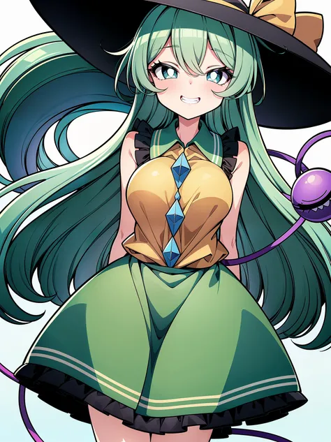 (Cowboy shot), (ultra-high resolution, depth of field:1.2), looking at viewer, (komeiji koishi:1.1), Touhou project, medium breasts, (dark green eyes), white pupils, glowing eyes, green hair, wavy hair, (long hair), ponytail, (wearing a white summer dress)...