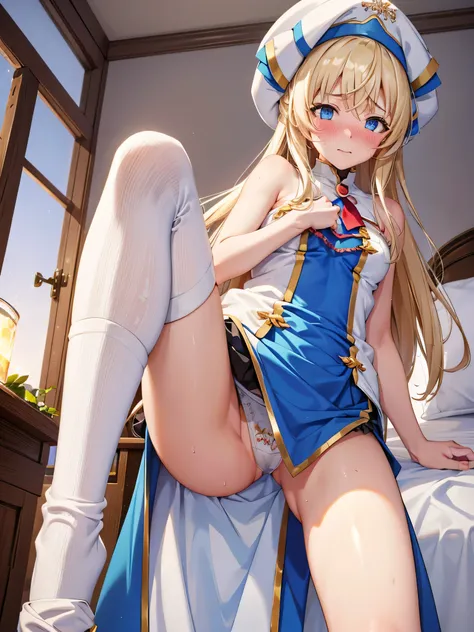 masterpiece, highest quality, High resolution, Venus 1, 1 girl, masterpiece, highest quality, High resolution, goblin slayer, shrine maiden, white and blue clothes, (1 girl:1.3), white hat, Bedroom, On the bed, bed, bed, bedroom, spread your legs, panty sh...