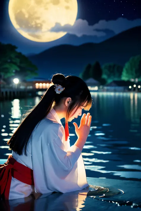 Lake scene with the moon reflected on the water surface at night,A shrine maiden is praying with her hands together facing the moon,beautiful art illustration, 