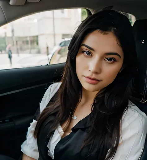 Perfect face lady with beautiful long black hair and modern dress posing for a picture in the car , perfect face , best quality picture , posing for photo