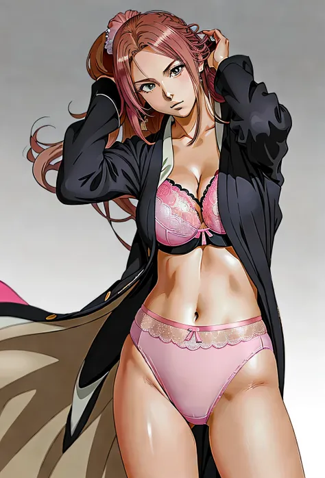 ((masterpiece, best quality)), ((29 year old)), (((Curvy))), ((Rangiku from Bleach)), ((Caucasian woman with long brunette hair)), adjusting hair, ((pink high cut cotton panties)), pink bra, black kimono, Blue eyes, ((((anime art style))))