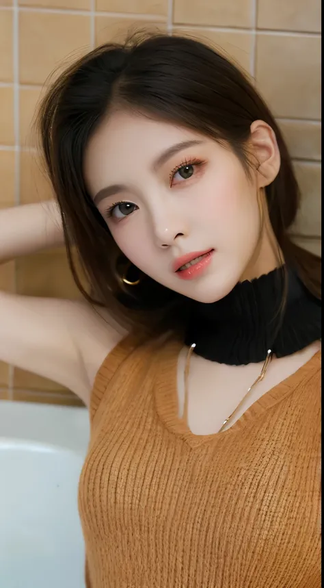 best qualtiy， ultra high resolution， （realisticlying：1.4），cute hairpin，1girll，,Cropped black sweater ，A pair of peach blossom eyes，Full of atmosphere，Beautiful woman with a slim figure:1.4, Abs:1.1, bathroom,Ultra-fine face，Elaborate Eyes，double eyelid，cho...