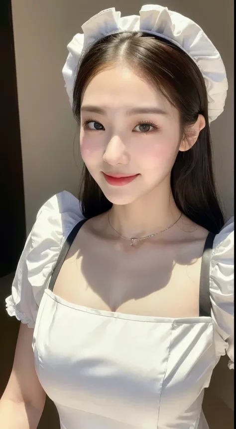 (1 Korean girl), ((best quality, 8k, masterpiece: 1.3)), Focus: 1.2, Perfect body beauty: 1.4 , (smile), (Street: 1.3), Highly detailed face and skin texture, Fine eyes, Double eyelids, Whitening skin, (Bobo head: 1.3), (round face: 1.5), (maid outfit: 1.4...