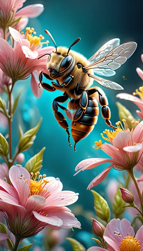 (dawn in spring: 1.5), ((wide shot: 1.4)), ((close-up of bee: 1.6, perched in flower, beautiful, the first rays of the sun in the morning bathe the bee with its light: 1.6) ),((beautiful morning colors yellow, pink orange, cyan:1.5)), ((ultra detailed:1.5)...