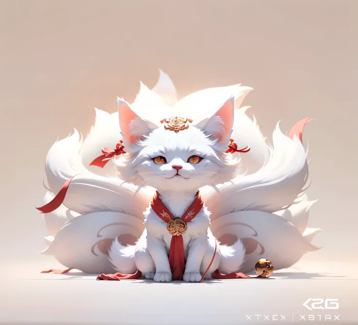 Anime style white cat，Red ribbon sitting on white pillow, ethereal fox raccoon, Lovely and detailed digital art, fox Three-tailed Fox, fox, author：Yang Jie, 🌺 CG society, cute numbers, cute numbers艺术, Three-tailed Fox, Beautiful fox lady, Onmyoji Detailed ...