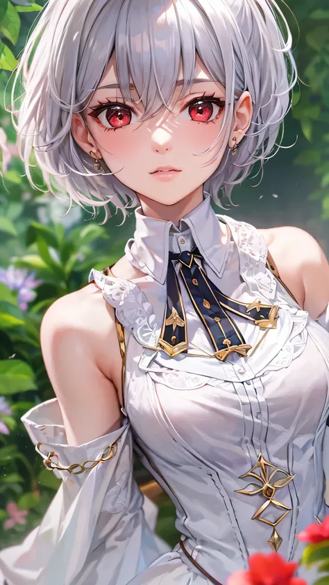 perfect anatomy, masterpiece:1.4, best quality, 8k, beautiful detailed grow, (in the beautiful enchanted garden), break ((flat chest)), white skin (a silver hair very short hair immensely beautiful girl, 16 yo, detailed red eyes, serious face), in a butler...