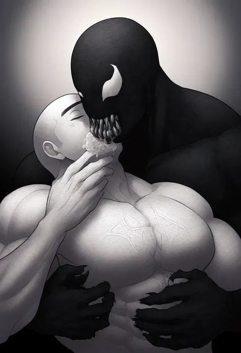 anime characters：White Spider-Man and Black Venom, Affectionate embraces, Crazy kissing, Touching wantonly, Muscular Spider-Man, Wrapped in mucus, male focus, No Spider-Man Logo, Upper body, Buzz Cut, aged leather texture, He wears a White tights, small gr...