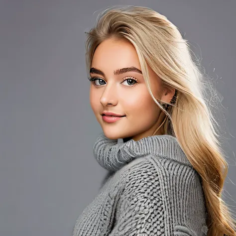 profile portrait of Tamara, a beautiful 20-year-old with with long blonde hair dressed in a warm-looking grey woollen sweater