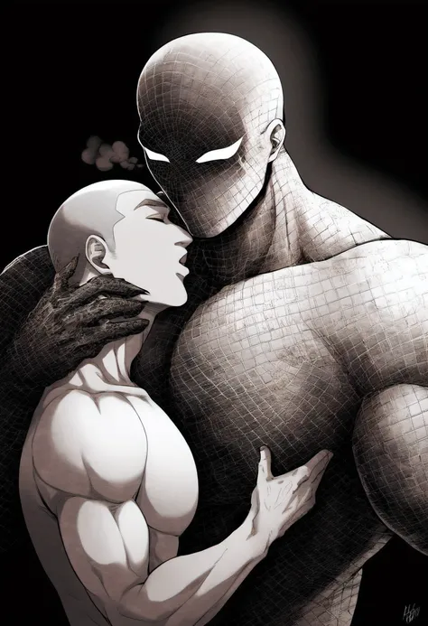 anime characters：White Spider-Man, He was kissed by black venom, Affectionate embraces, Crazy kissing, Touching wantonly, Muscular Spider-Man, male focus, No Spider-Man Logo, Upper body, Buzz Cut, aged leather texture, He wears a White tights, small grid t...