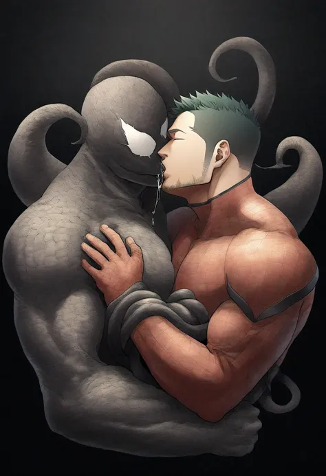 anime characters：priapus, He was kissed by black venom, He is wrapped in black tentacles, bundle, Wrapped in mucus, Affectionate embraces, Crazy kissing, Touching wantonly, Muscular Spider-Man, male focus, Upper body, Buzz Cut, aged leather texture, He wea...