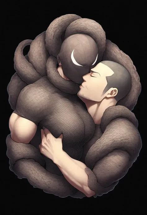 anime characters：priapus, He was kissed by black venom, He is wrapped in black tentacles, bundle, Wrapped in mucus, Affectionate embraces, Crazy kissing, Touching wantonly, Muscular Spider-Man, male focus, Upper body, Buzz Cut, aged leather texture, He wea...